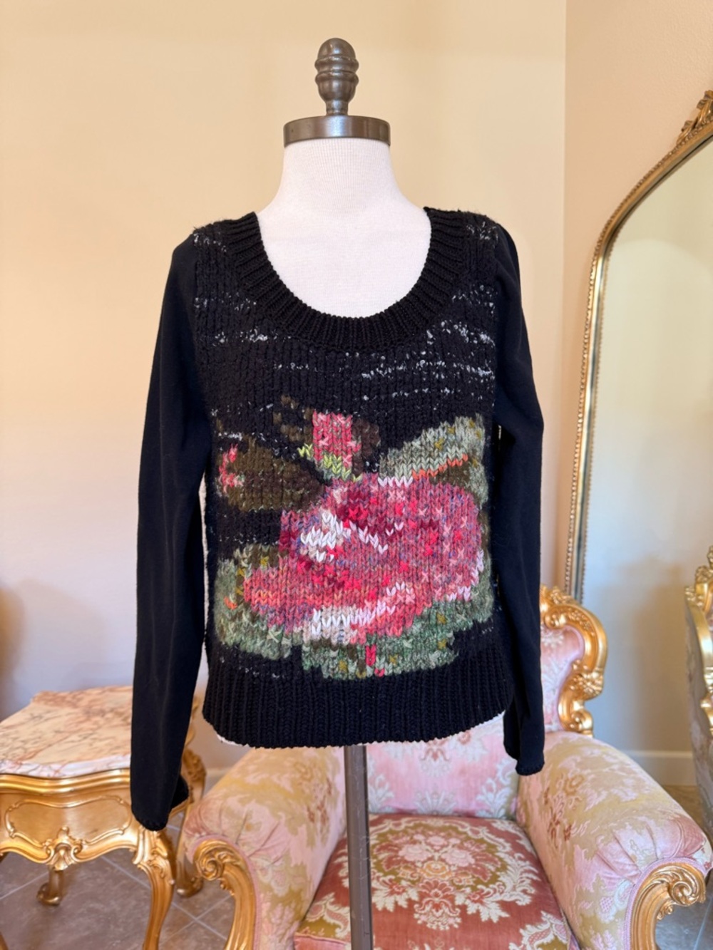 Free People Black Scoop Neck Sweater with Pink Rose Intarsia